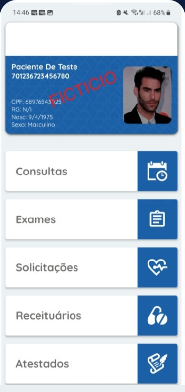 Tela inicial do aplicativo TunTun com carteirinha digital do paciente e atalhos para consultas, exames, solicitações, receituários e atestados